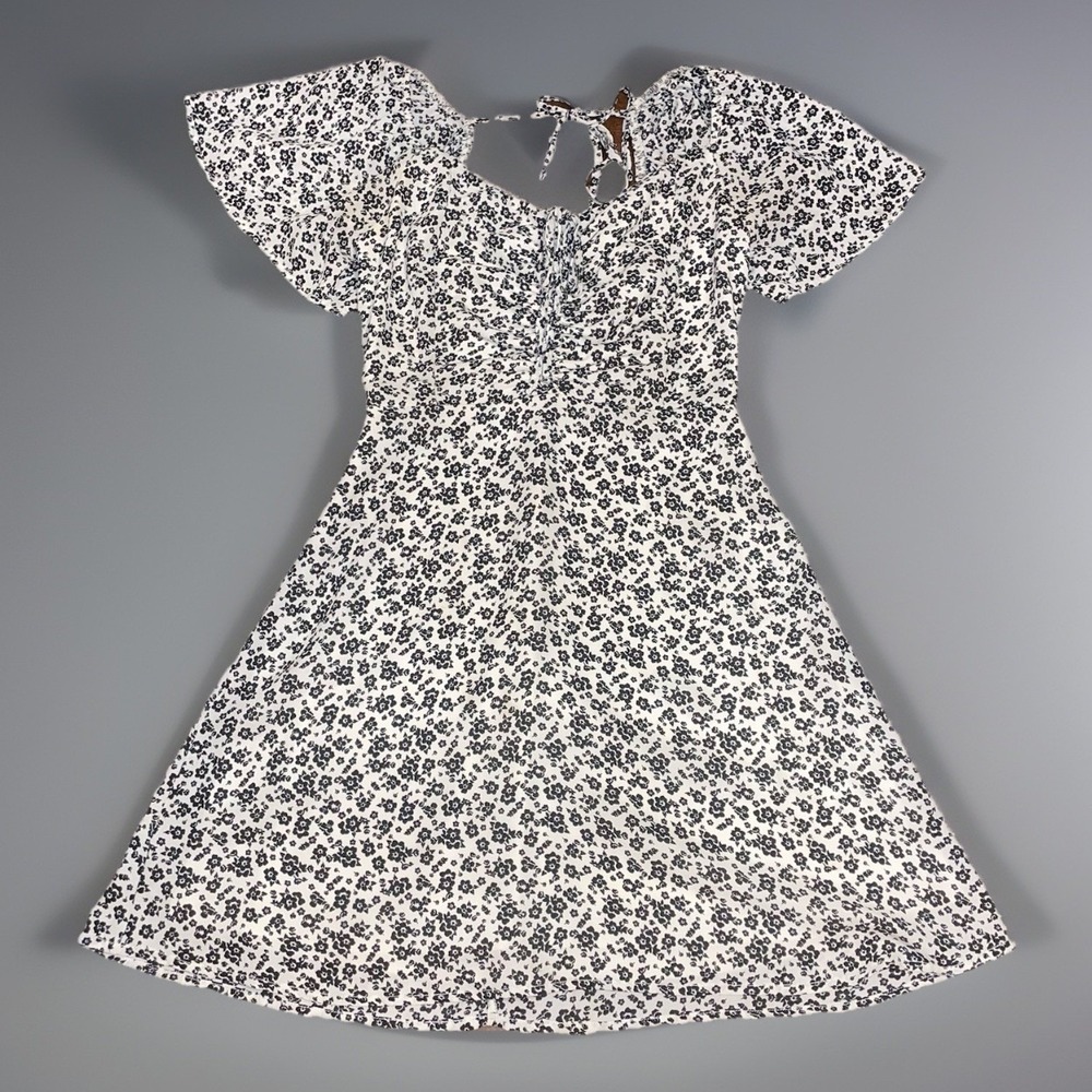Altar'd State White Floral V-Neck Flutter Sleeve Tie Waist Ruffle Mini Dress XS